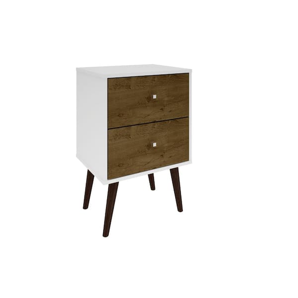 Manhattan Comfort Liberty Mid Century White and Rustic Brown Modern Nightstand 2.0 with 2-Full Extension Drawers with Solid Wood Legs