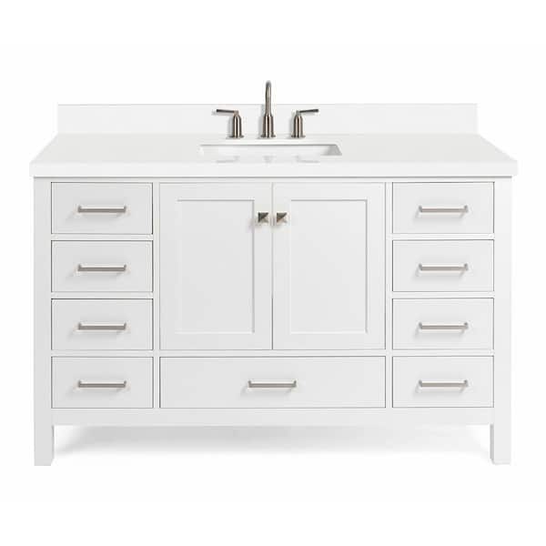 Cambridge 54 in. W x 22 in. D x 36 in. H Single Freestanding in White Bath Vanity with Pure White Quartz Top