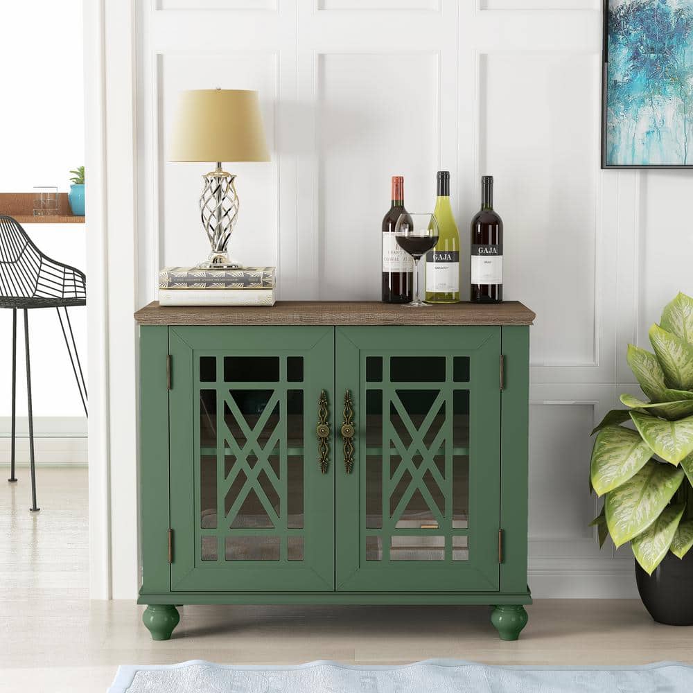 Green Vintage Wood Sideboard Buffet Cabinet with Glass Doors