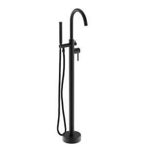 Single-Handle High Arch Floor Mount Freestanding Tub Faucet with Hand Shower in Matte Black