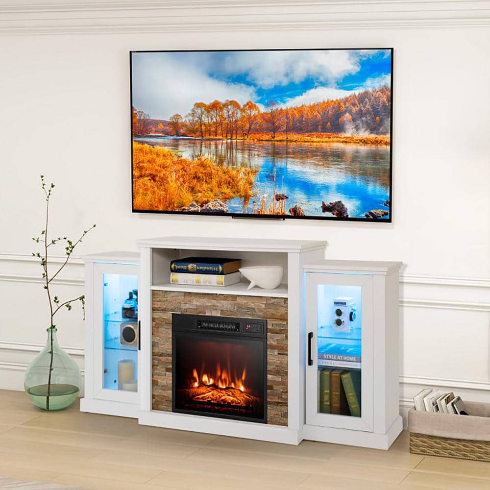 White MDF Fireplace TV Stand with LED Lights and Cabinets