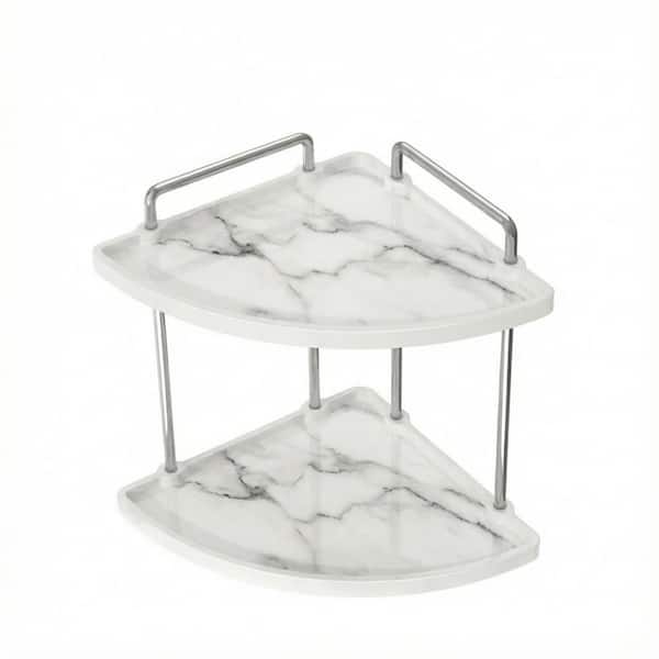 Handcrafted 9 in. W x 10.43 in. H x 10.43 in. D Ceramic 2-Tier Fan-Shaped Shelf with Marble Tray in Chrome