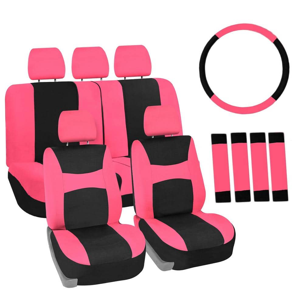 FH Group Light and Breezy Fabric 21 in. x 21 in. x 2 in. Full Set Seat Covers with Steering Wheel Cover and 4-Seat Belt Pads, Pink