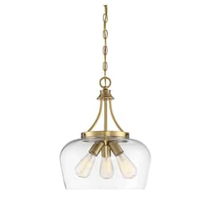 Octave 15 in. W x 18 in. H 3-Light Warm Brass Shaded Pendant Light with Clear Glass Shade
