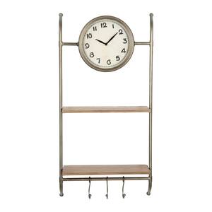 Bronze Metal Wall Clock with Shelves & Hooks