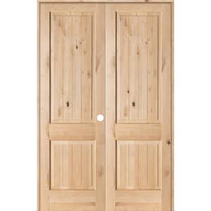56 in. x 96 in. Rustic Knotty Alder 2-Panel Sq-Top w.VG Left Hand Solid Core Wood Double Prehung Interior French Door