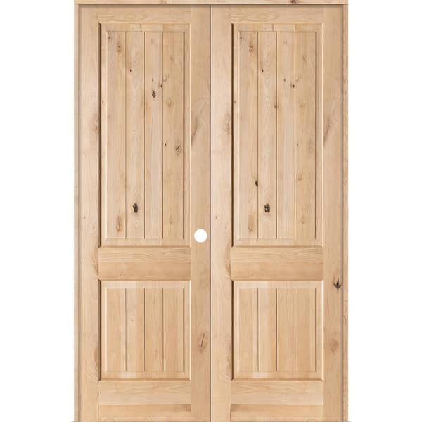 Krosswood Doors 56 in. x 96 in. Rustic Knotty Alder 2-Panel Sq-Top w.VG Left Hand Solid Core Wood Double Prehung Interior French Door