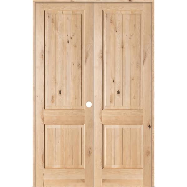 Krosswood Doors 64 in. x 96 in. Rustic Knotty Alder 2-Panel Sq-Top w/VG Left Hand Solid Core Wood Double Prehung Interior French Door