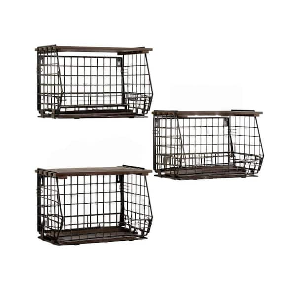 Brown 12.7 in x 8.4 in Metal Decorative Basket-Wall-Mountable or Tabletop 3-Piece Set