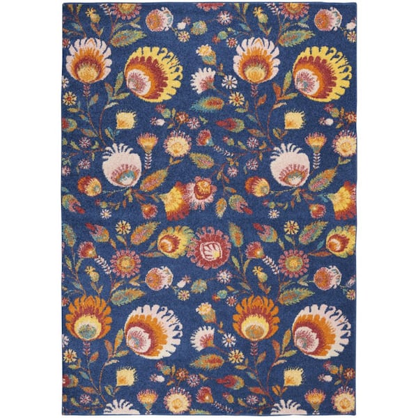 HomeRoots 5 ft. x 7 ft. Blue and Yellow Floral Power Loom Area Rug ...