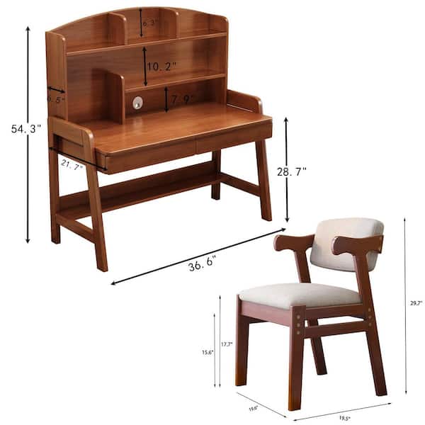 2-Piece Wood Top Brown Kids Study Desk and Chair Set for Kid with Drawers and Bookshelf