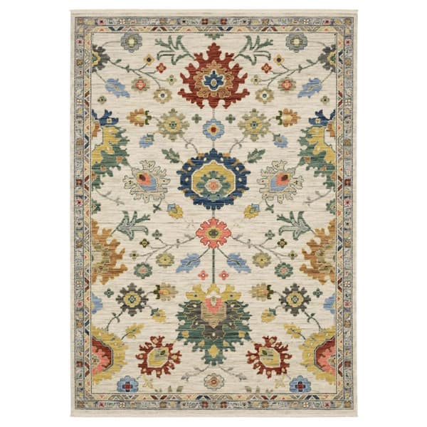 7' X 10' Ivory Gray And Blue Oriental Area Rug With Fringe