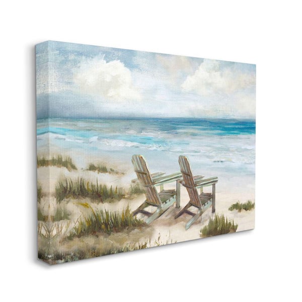 "Chairs at Shore Line Nautical Landscape Painting" by Carson Lyons Unframed Nature Canvas Wall Art Print 16 in. x 20 in.