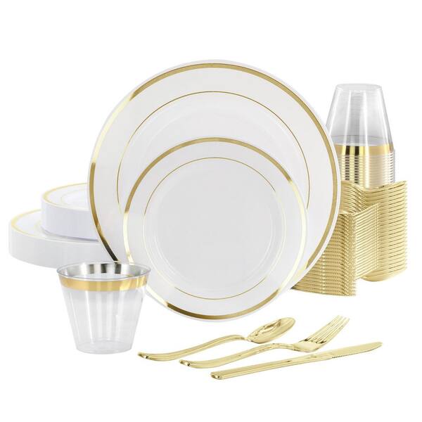 150 Piece Disposable Plastic Dinnerware Party Set for 25 Guests in White with Gold Trim