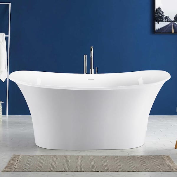 MYCASS 67 in. x 30.7 in. Acrylic Flatbottom Double Slipper Freestanding Soaking Bathtub with Center Drain in White