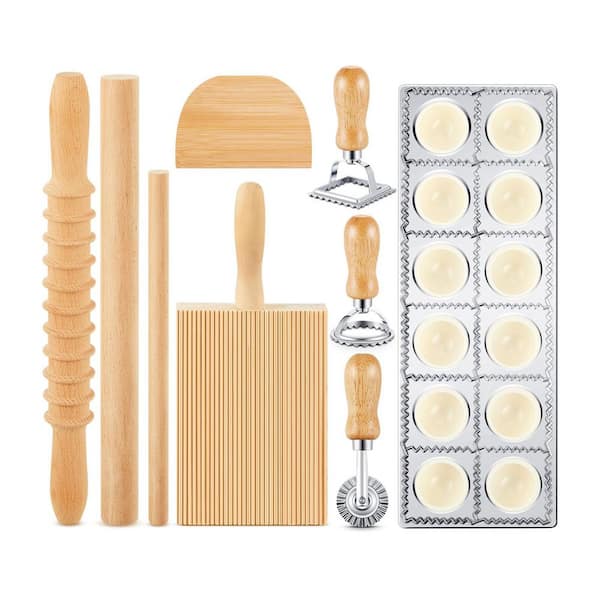 Simple Style Pasta Making Tool Set with Ravioli Mold, Wooden Cutter, Rolling Pin, Gnocchi Board, Dough Scraper