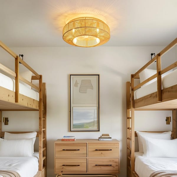 4-Light 20 in. Yellow Woven Flush Mount Standard Ceiling Fan with Lights and Remote for Small Room (Bulb Not Included)