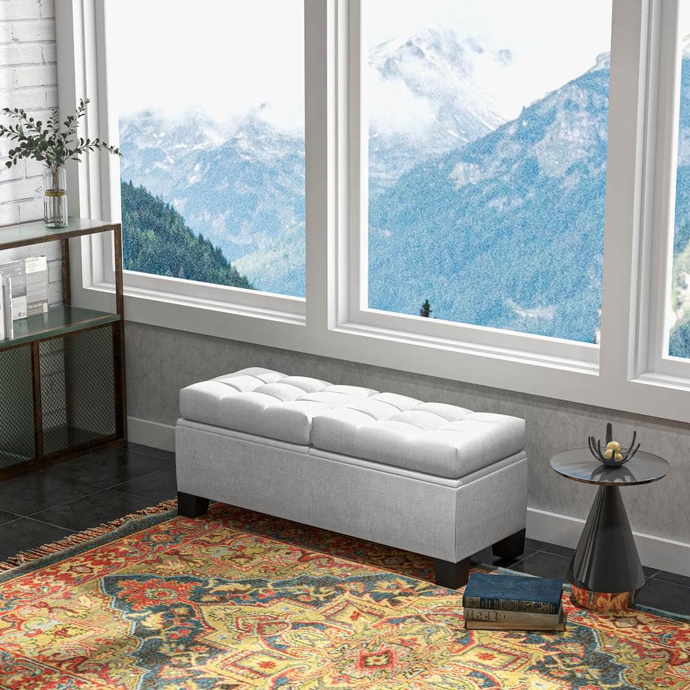 Cream White Upholstered Storage Bench with Steel Frame