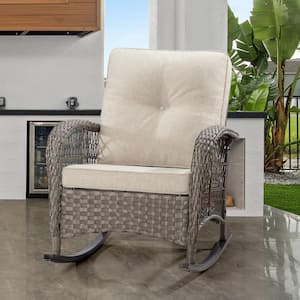Wicker Outdoor Rocking Chair Patio with Beige Cushion (1-Pack)