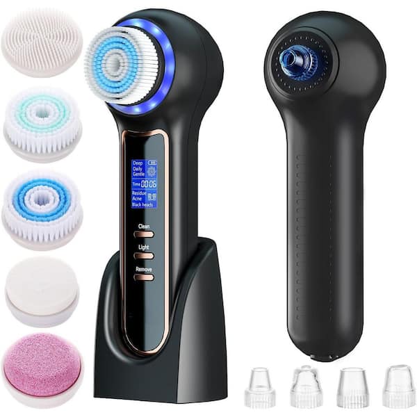 Waterproof Face Scrubber Exfoliator with Blackhead Remover Vacuum with 5 Brush Heads and LCD Screen in Black