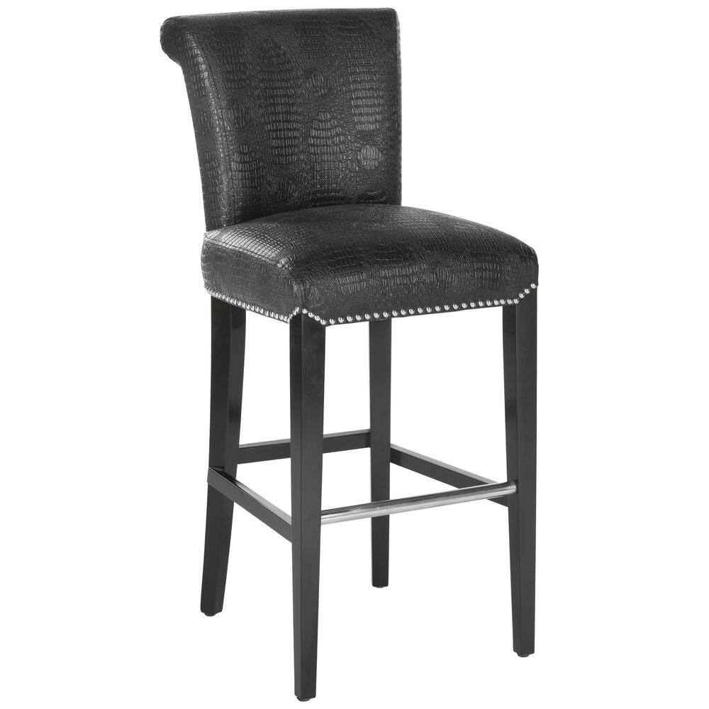 Seth Transitional Black Crocodile Leather Bar Stool with Silver Nailhead