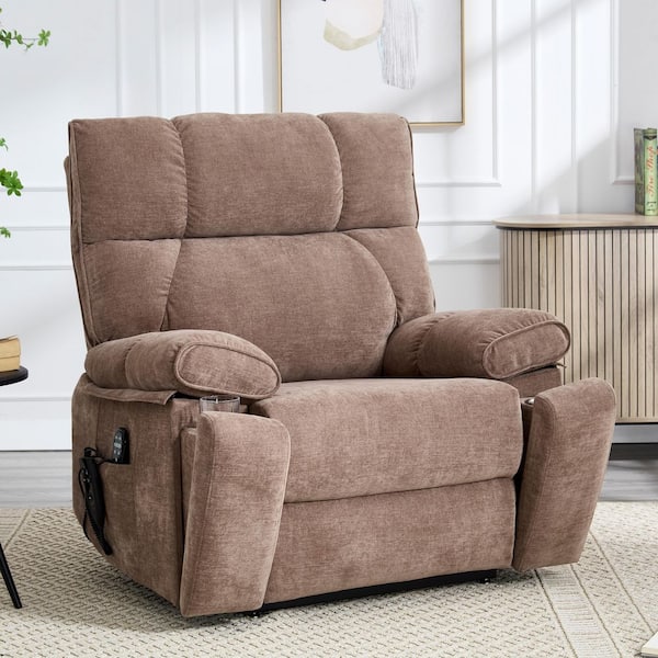 Brown Oversized Dual Motor Chenille Power Lift Recliner with Heat and Massage, 2-Pocket Cup Holders