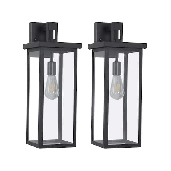 19.7 in. Outdoor Wall Lanterns, 1-Light, Waterproof Modern Sconces with Black Metal Glass, E26 Base (2 Pack, No Bulbs)