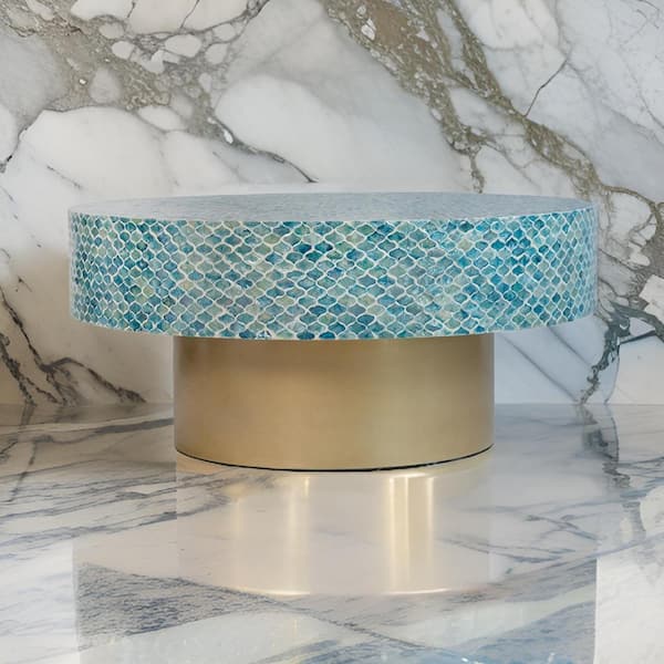 Benjara Piki 35 in. Blue and Brown Round Wood Coffee Table with Meticulously Inlaid Pieces For An Artistic Allure