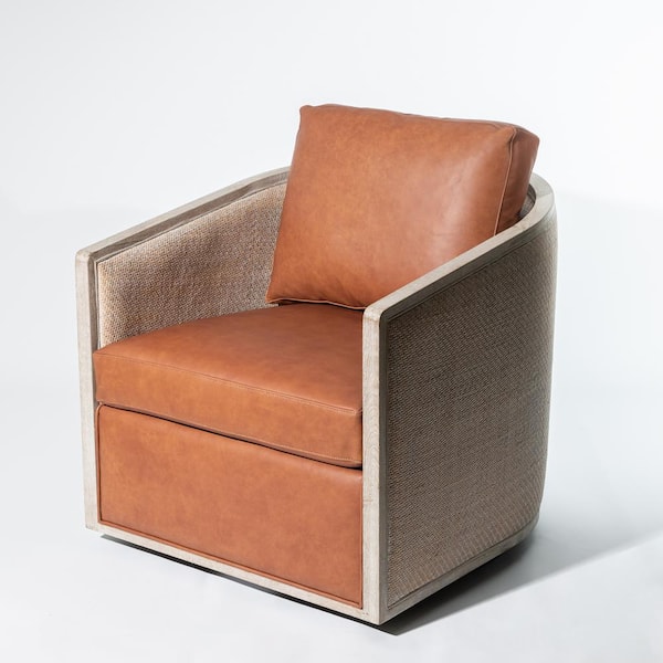 KINWELL Brown Genuine Leather Cane Swivel Barrel Club Arm Chair