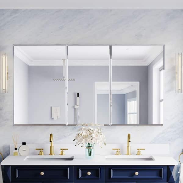 BEV 56 in. W x 30 in. H Rectangular Aluminum Tri-View Modular Medicine Cabinet with Beveled-Edge Mirror, BLUM Soft-Close