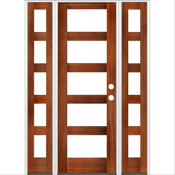 Krosswood Doors 60 in. x 96 in. Modern Hemlock Left-Hand/Inswing 5-Lite Clear Glass Red Chestnut Stain Wood Prehung Front Door with DSL