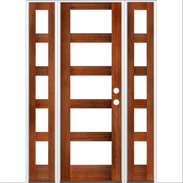 Krosswood Doors 64 in. x 96 in. Modern Hemlock Left-Hand/Inswing 5-Lite Clear Glass Red Chestnut Stain Wood Prehung Front Door with DSL