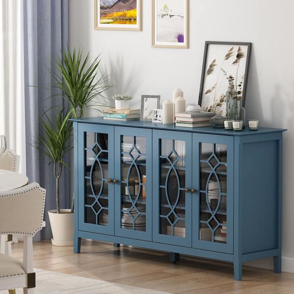 FUFU&GAGA Blue Wood Storage Cabinet TV Console with 4-Glass Doors