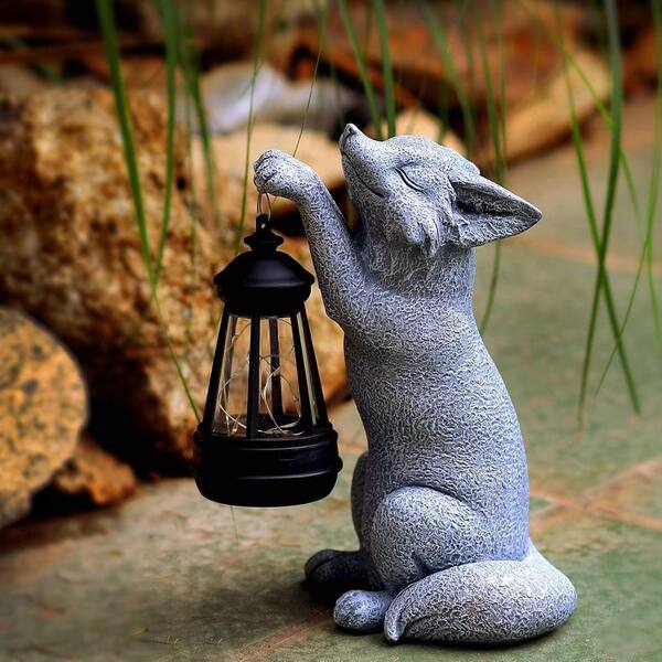 4 in. x 8 in. Gray Resin Fox Garden Statue with Solar Power Light