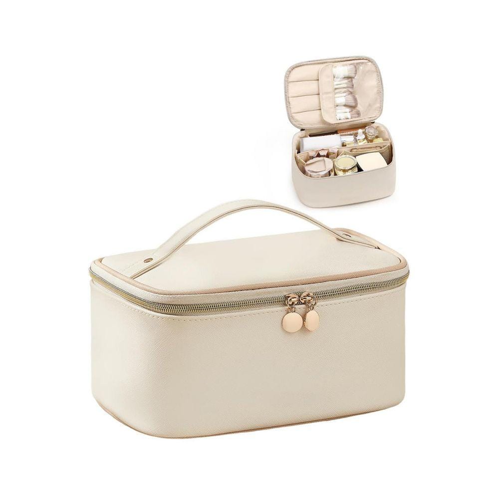 Beige Luggage Makeup Toiletry Bag with Brush Holder, Waterproof Travel Cosmetic Organizer for Women, Handle and Divider