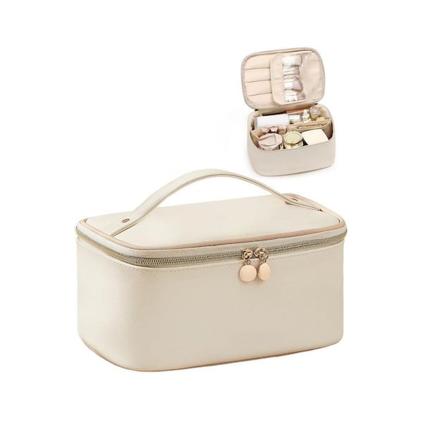 Beige Luggage Makeup Toiletry Bag with Brush Holder, Waterproof Travel Cosmetic Organizer for Women, Handle and Divider