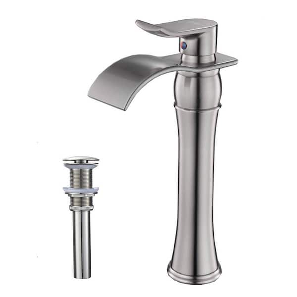 FLG Single Handle Single Hole Waterfall Bathroom Vessel Sink Faucet with Pop-Up Drain Assembly Included in Brushed Nickel