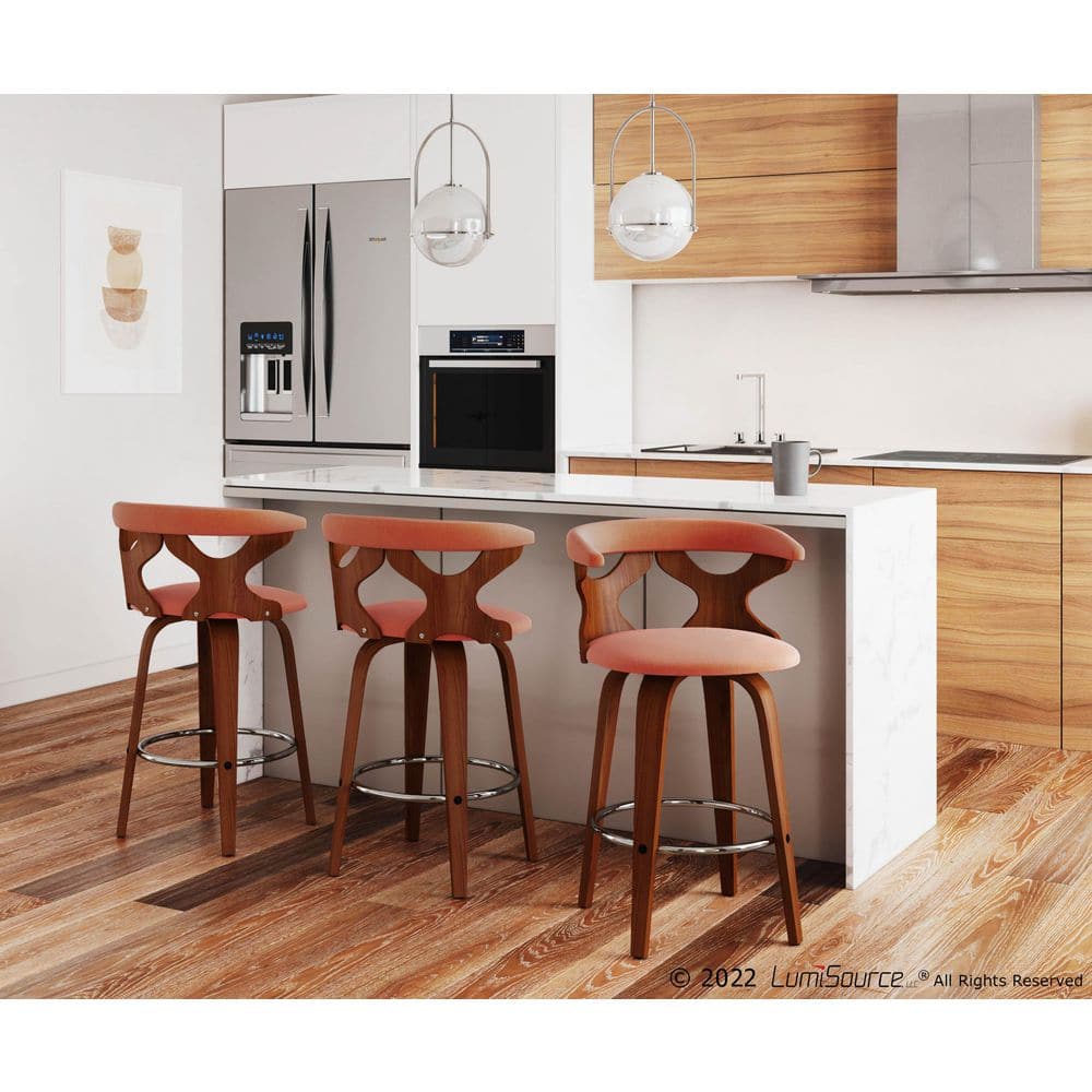 Walnut and Orange Swivel Counter Stool with Metal Frame