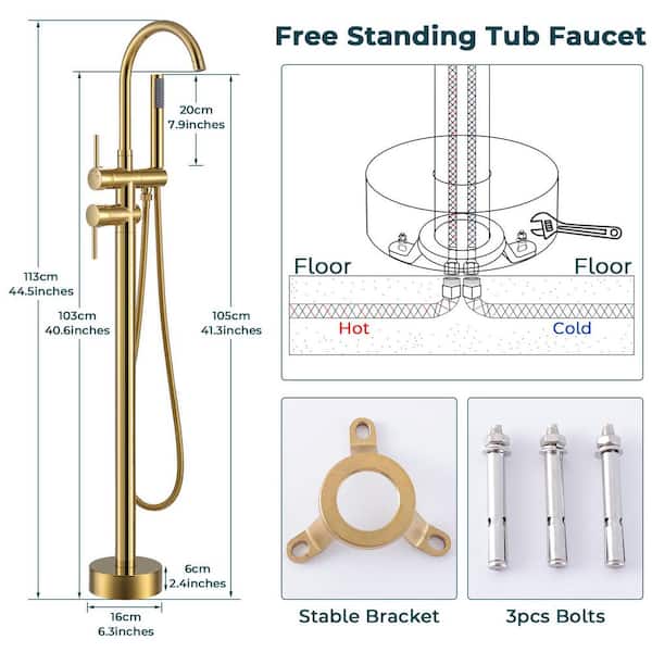 Double-Handle Claw Foot Tub Faucet Freestanding Floor Mount Roman Tub Faucet with Waterfall Spout in Brushed Gold