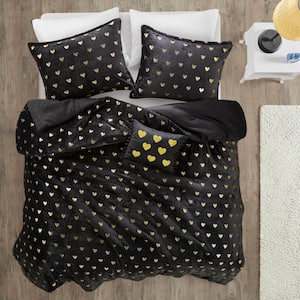 Jenna 4-Piece Black/Gold Microfiber Full/Queen Metallic Printed Plush Comforter Set with Throw Pillow