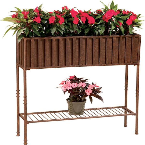 Deer Park Ironworks 35 in. L x 30 in. H x 9 in. D Solera Floor Planter with Tin Liner and Shelf