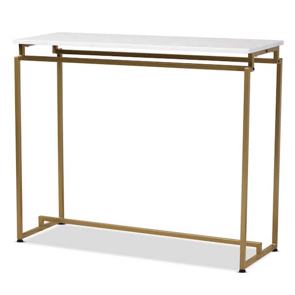 Baxton Studio Renzo 47 in. White/Gold Standard Rectangle Faux Marble Console Table