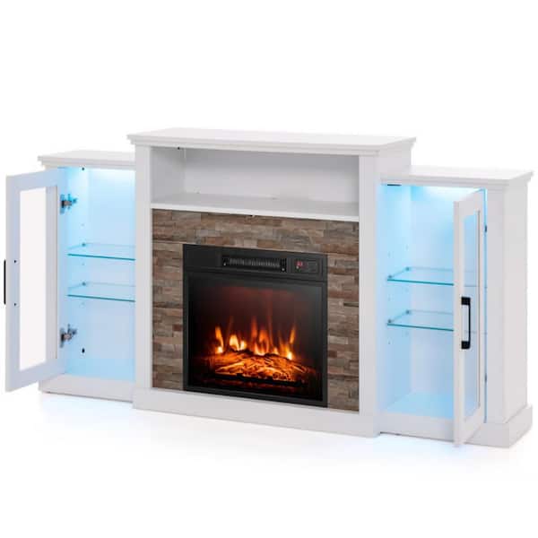 59 in. MDF Freestanding Electric Fireplace TV Stand in White with 18 in. LED Fireplace for TVs up to 65 in.