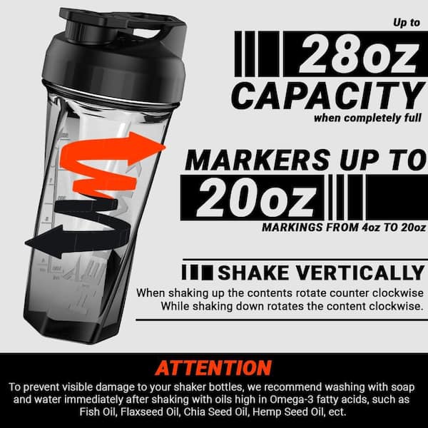 28 oz. Black Plastic Water Bottle with Leak Proof Lid Protein Shaker for Pre Post Workout Smoothies and Cocktails