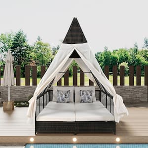 Wicker Outdoor Patio Day Bed with Cream Cushions, Adjustable Backrest, Curtains and Pillows