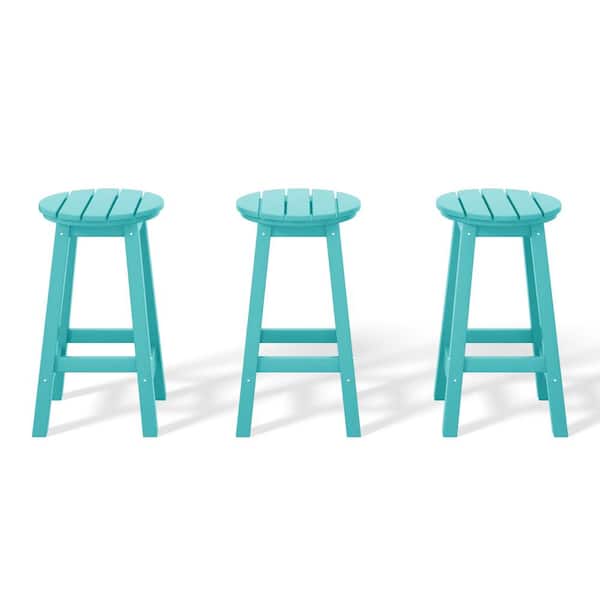 Laguna 24 in. Round HDPE Plastic Backless Counter Height Outdoor Dining Patio Bar Stools (3-Pack) in Turquoise