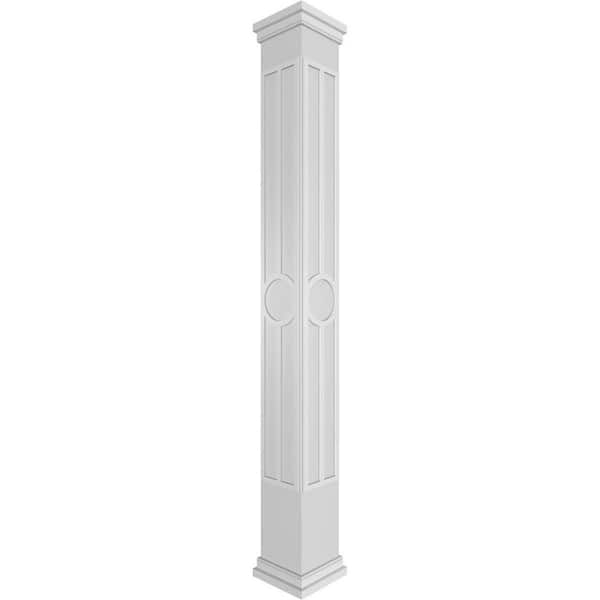 Ekena Millwork 11-5/8 in. x 8 ft. Premium Square Non-Tapered Artisan Fretwork PVC Column Wrap Kit with Prairie Capital and Base