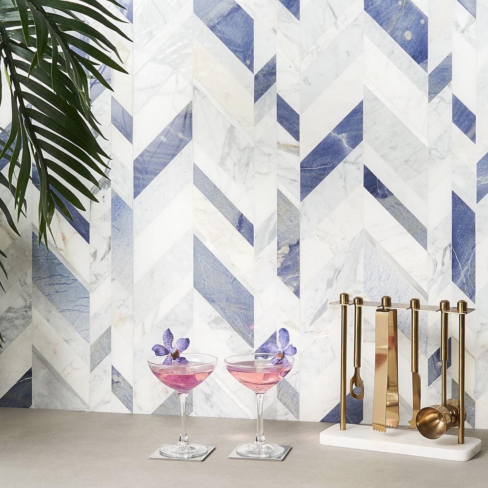 Tyra 12" x 18" Polished Marble and Brass Chevron Wall Tile