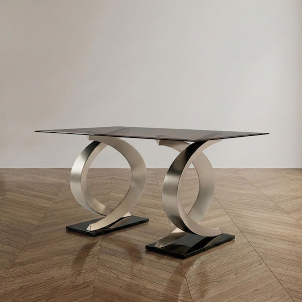 Meiler Gray and Champagne Glass Top 58 in. Double Pedestal Dining Table (Seats 6)