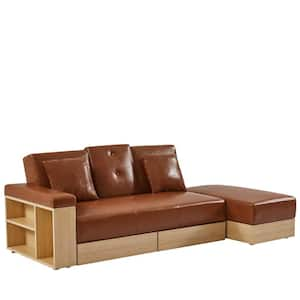 82 in. Square Arm Faux Leather Rectangle with Cup Holder Storage Sofa in Brown